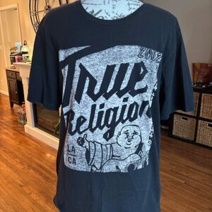 True Religion Black T-Shirt with Tokyo Poster Graphic Logo
